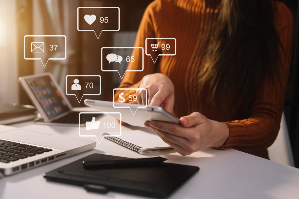 social media marketing virtual icons screen conceptclose up businesswoman typing keyboard with laptop 1